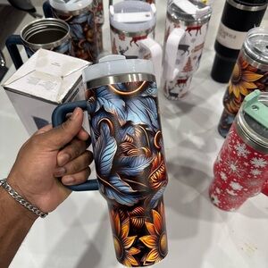 Floral Insulated Travel Mug - Blue and Orange with straw